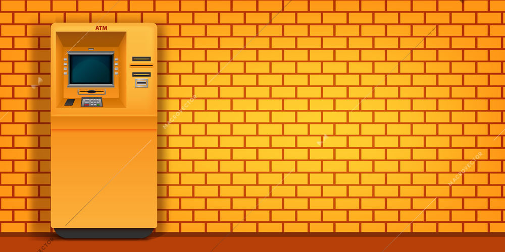 Yellow atm machine front view on brick wall background of same colour realistic vector illustration