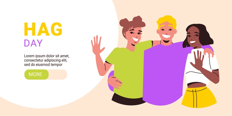 Hug day horizontal website banner with smiling hugging friends flat vector illustration