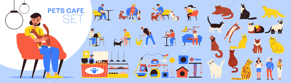 Pets cafe big set of flat interior elements cats and people sitting at tables with animals isolated vector illustration