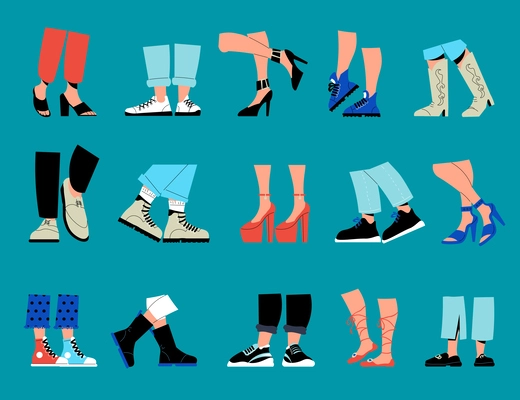 Flat set of male and female legs wearing shoes boots heels sneakers isolated on color background vector illustration