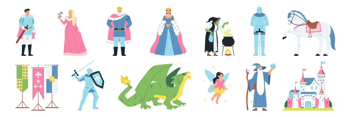 Kingdom icons set with fairy tale symbols flat isolated vector illustration