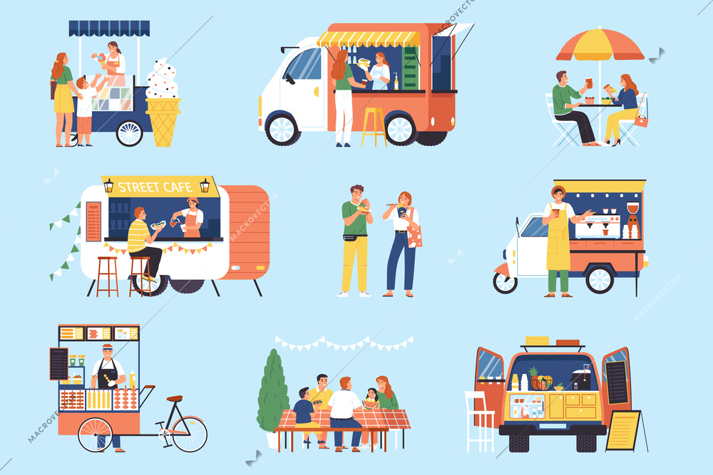 Street food color set with isolated compositions of ice cream stalls trucks and trailers selling food vector illustration