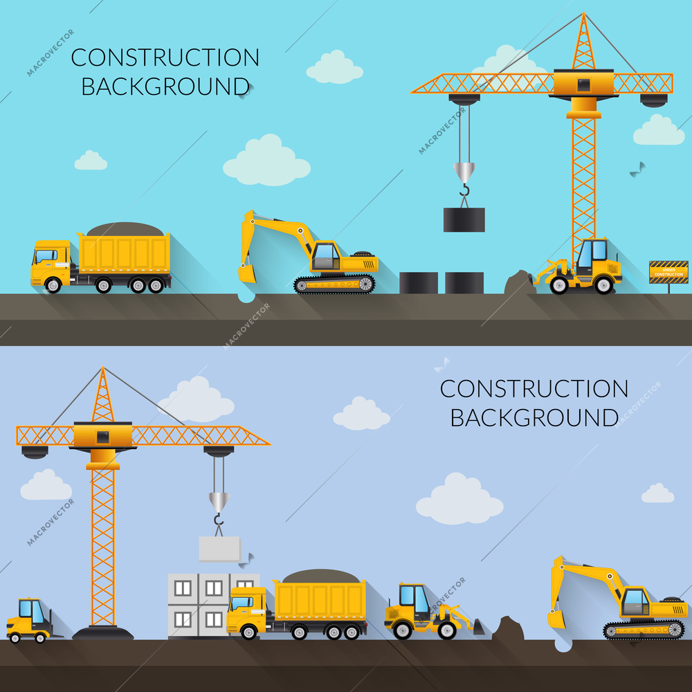 Construction background with cranes tractor trucks and industrial machinery vector illustration