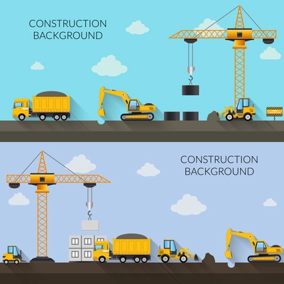 Construction background with cranes tractor trucks and industrial machinery vector illustration