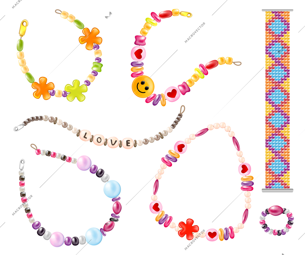 Realistic hippie necklace bracelet set with isolated decorations made of colorful love beads on blank background vector illustration