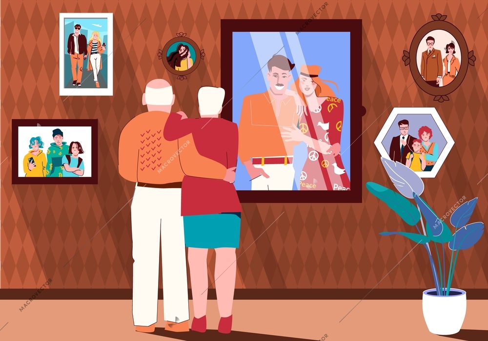 People generations flat composition with elderly couple looking at photos of their relatives on wall of room vector illustration