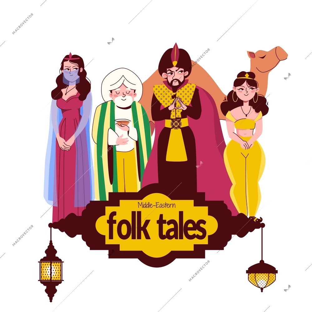 Middle eastern folk tales flat background with princess perfidious vizier scheherazade cartoon persons vector illustration