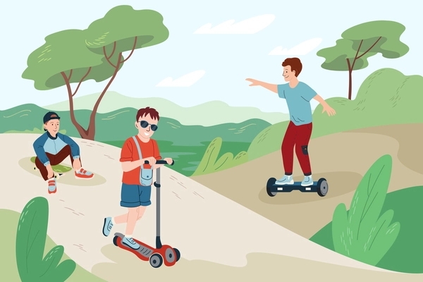 Children toy vehicles flat composition with suburban scenery and group of teenage boys riding skateboards scooters vector illustration