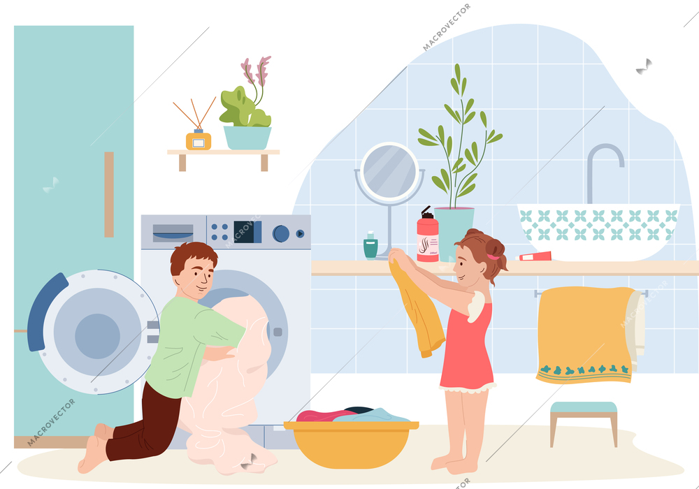 Household children helping flat composition with bathroom scenery and teenage kids doing laundry with washing machine vector illustration