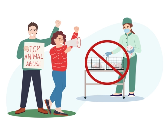 Animal activists composition on blank background with doodle style human characters of protesters against animal experimentation vector illustration