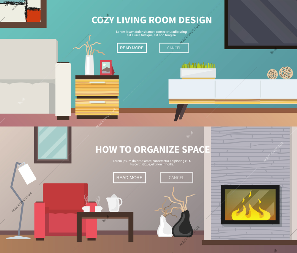 Living room interior design and furniture horizontal banner set isolated vector illustration