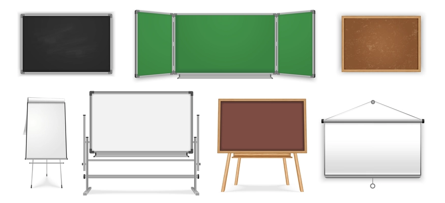 School office boards realistic set with isolated images of empty blackboards chalkboards and easels for pen vector illustration