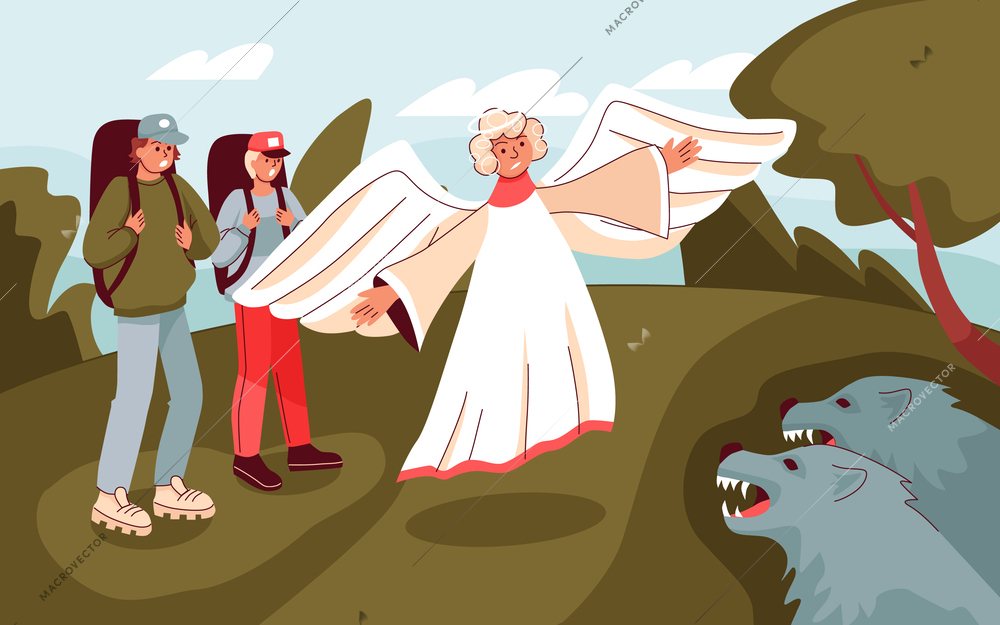 Divine support flat background with angel character saving young tourists from wolfs attack cartoon vector illustration