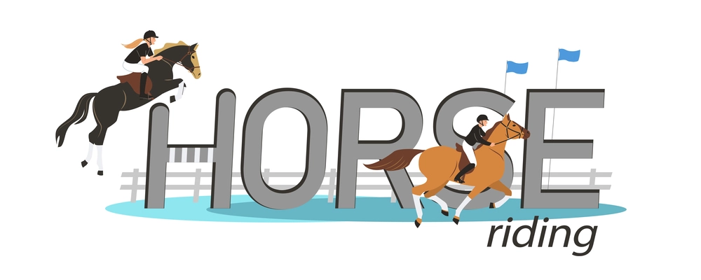Horse riding text in flat style with two equestrians during race with obstacles vector illustration