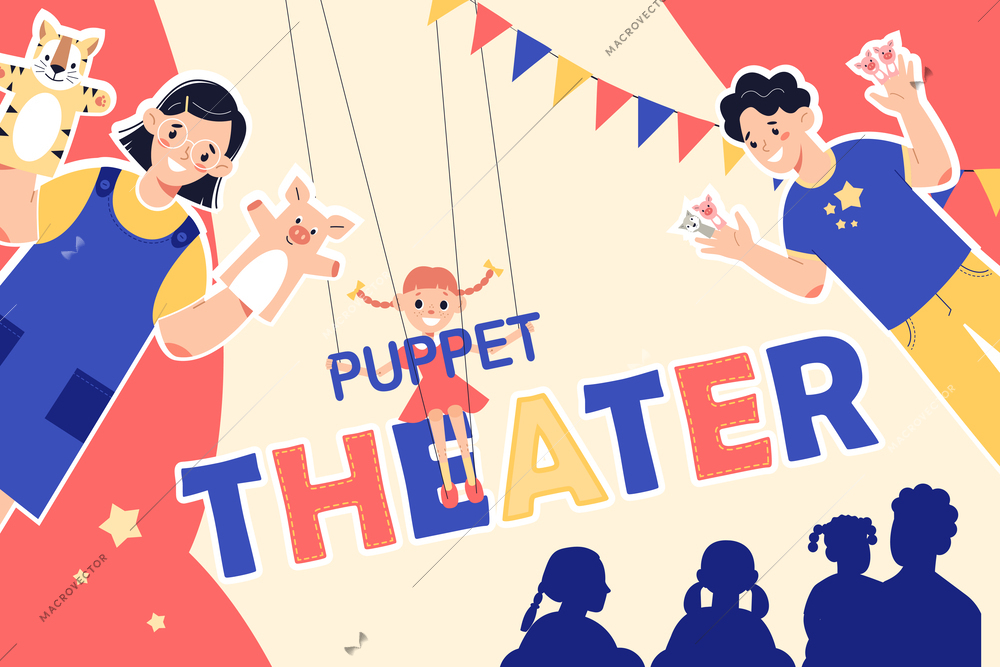 Puppet show theatre composition with collage of flat text doodle human characters and silhouettes of kids vector illustration