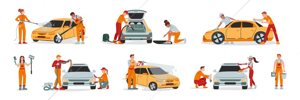 Set with isolated car washing flat compositions with views of workers in uniform cleaning up cars vector illustration