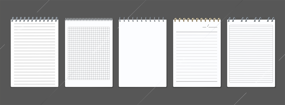 Metal spiral binders notebooks realistic set with isolated views of flipping notebooks ruled with lines squares vector illustration