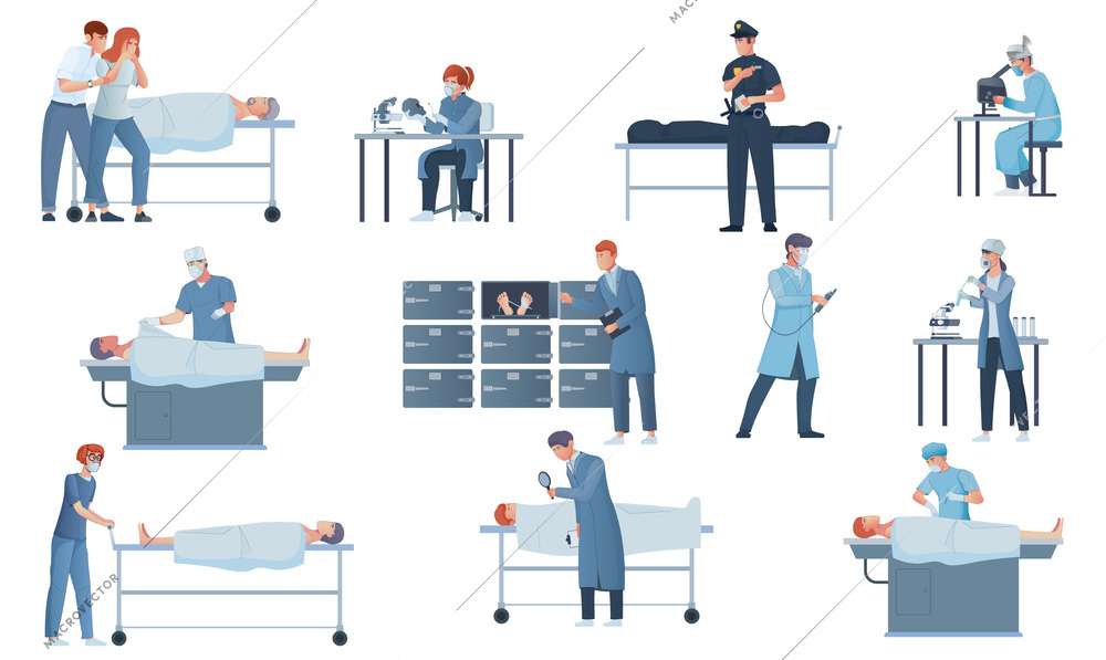 Morgue flat set of died people police officer forensic pathologist  and medical experts working with cadaver and in lab isolated vector illustration