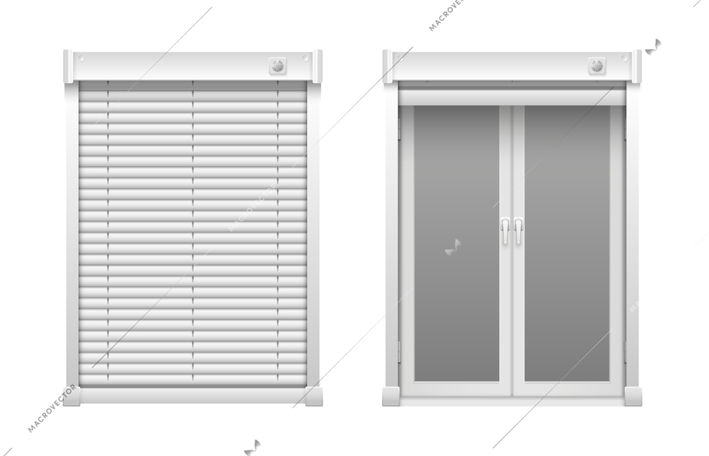 Realistic window blinds set with two isolated front views of window with drawn and undrawn blinds vector illustration