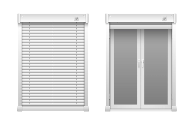 Realistic window blinds set with two isolated front views of window with drawn and undrawn blinds vector illustration