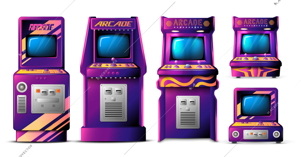 Realistic arcade game set with isolated front view images of retro gaming machines on blank background vector illustration