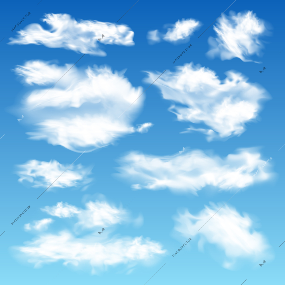 Realistic cloud sky set with blue skies gradient background and isolated white clouds of various shape vector illustration