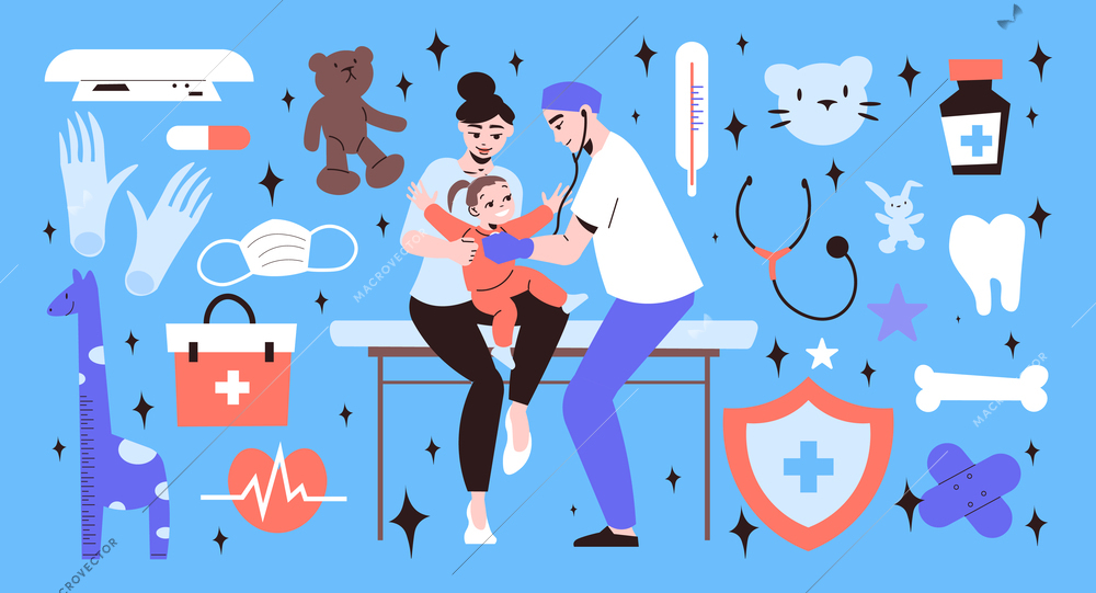 Big set of objects and tools for pediatric room and male pediatrician examining little girl isolated on blue background flat vector illustration