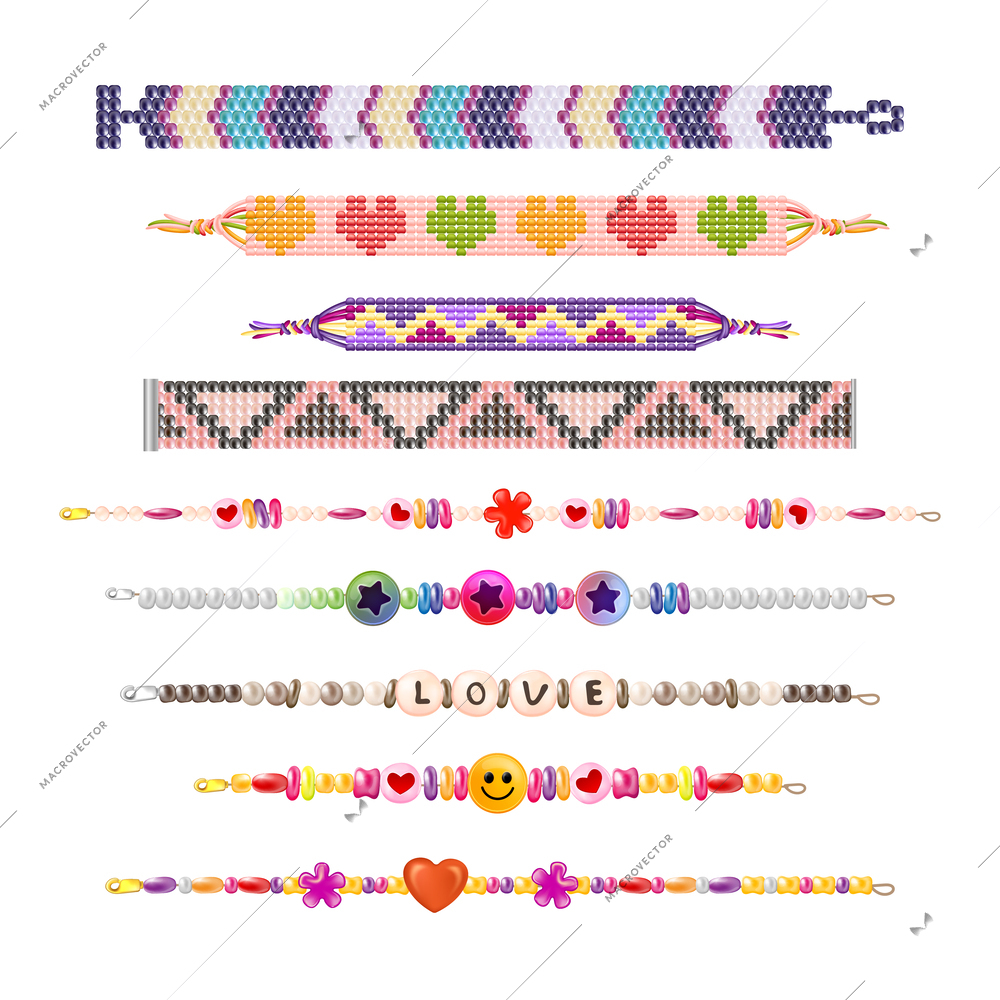 Realistic hippie friendship bracelets set with isolated images of colorful string love beads with various ornaments vector illustration