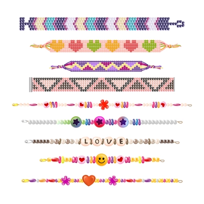 Realistic hippie friendship bracelets set with isolated images of colorful string love beads with various ornaments vector illustration