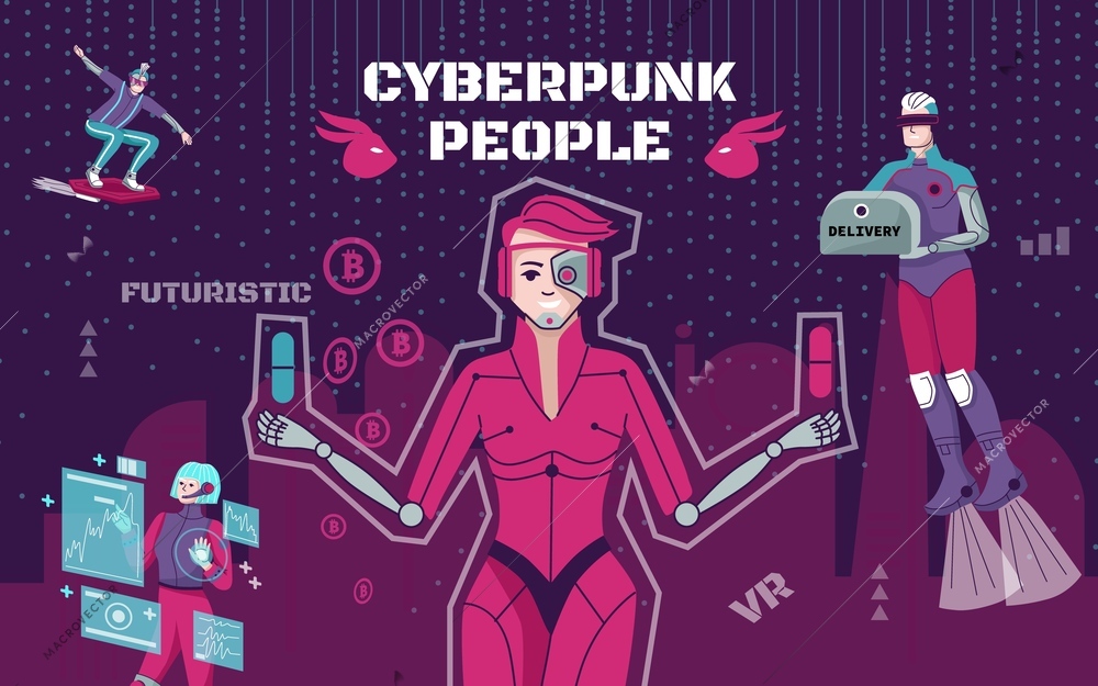 Futuristic cyberpunk people flat collage with human persons using digital technologies in daily life and work vector illustration