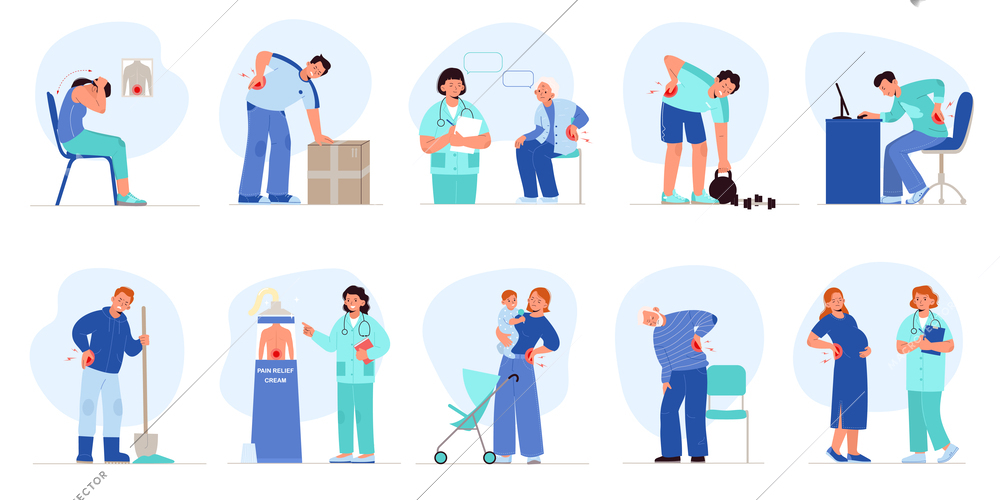 Back pain flat set of isolated compositions with doodle human characters of suffering people and doctors vector illustration