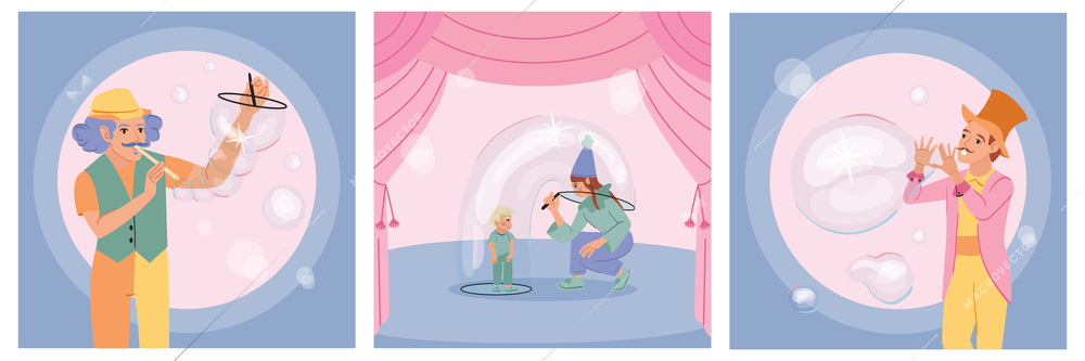 Soap bubbles show set of three square compositions with circus performers blowing bubbles and theatrical curtains vector illustration