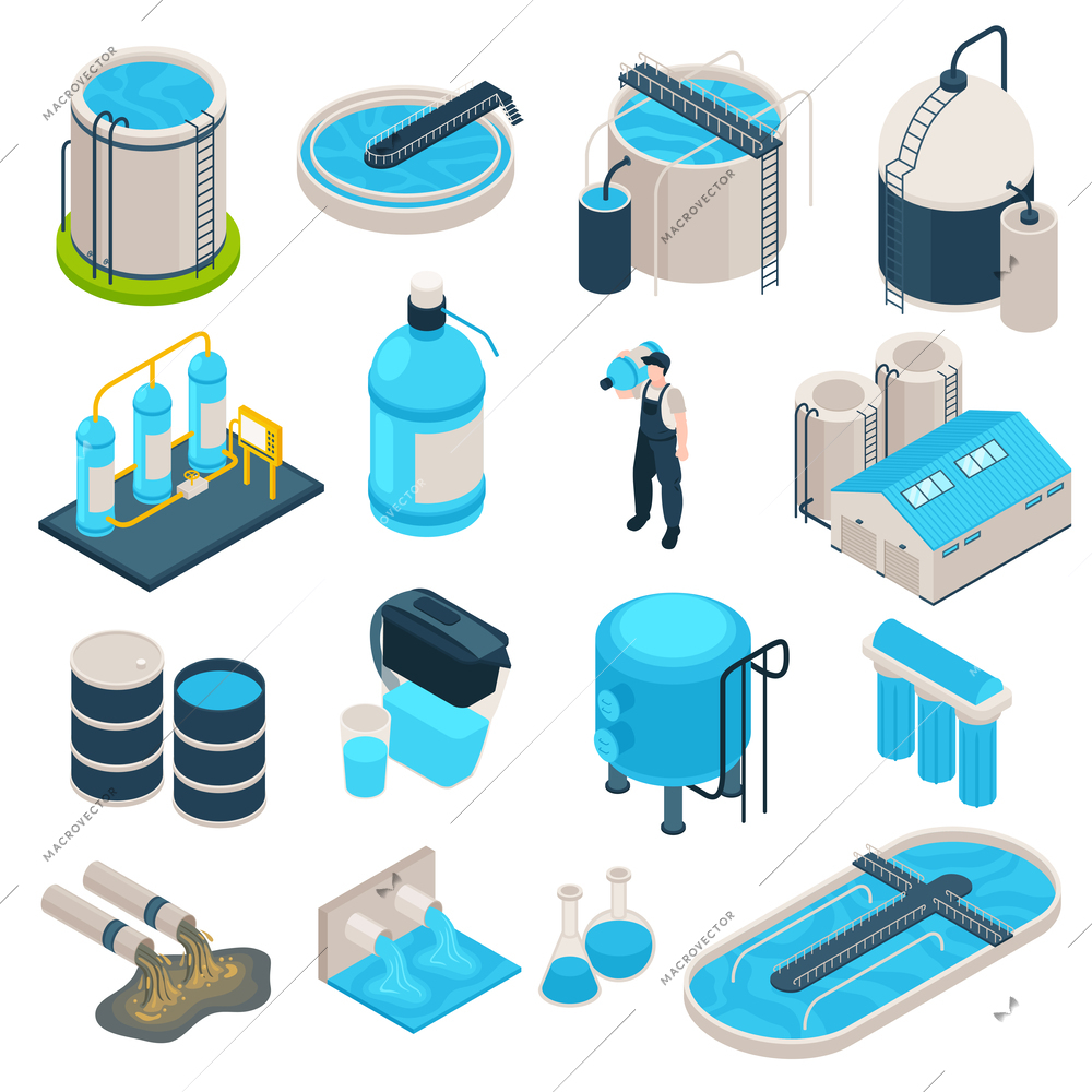 Isometric water purification technology set of isolated icons with barrels lab flasks aeration pools and worker vector illustration