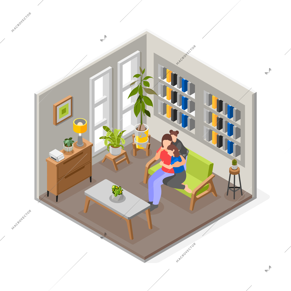Hugs day composition with daughters hugging their mother in living room isometric 3d vector illustration