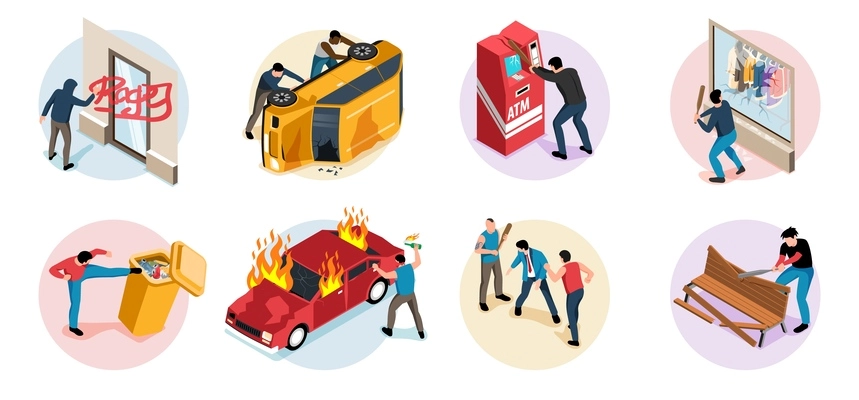 Vandals isometric round compositions with hooligans damaging public property turning over and setting fire to cars isolated vector illustration