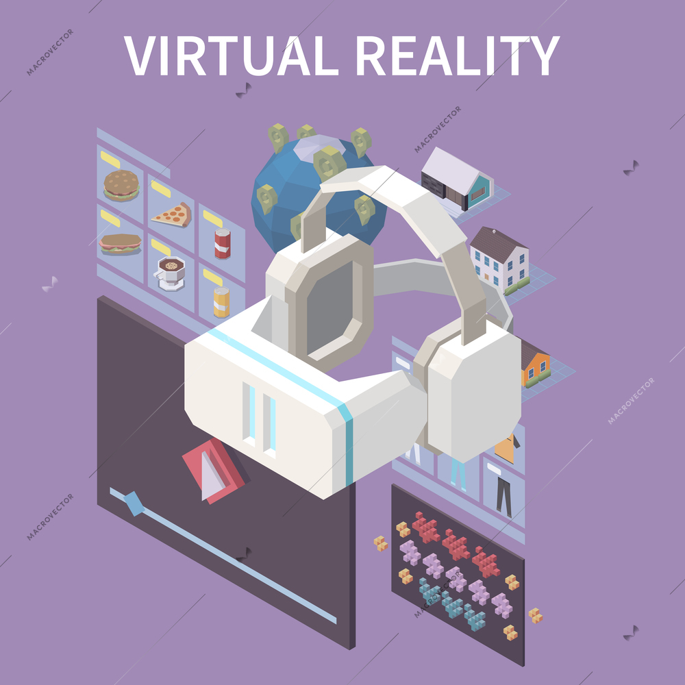 Virtual augmented reality isometric composition with set of game screens and objects with headphones and helmet vector illustration