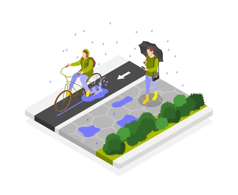 Rainy day isometric composition with isolated park scenery with people walking on pavement riding bicycle lane vector illustration