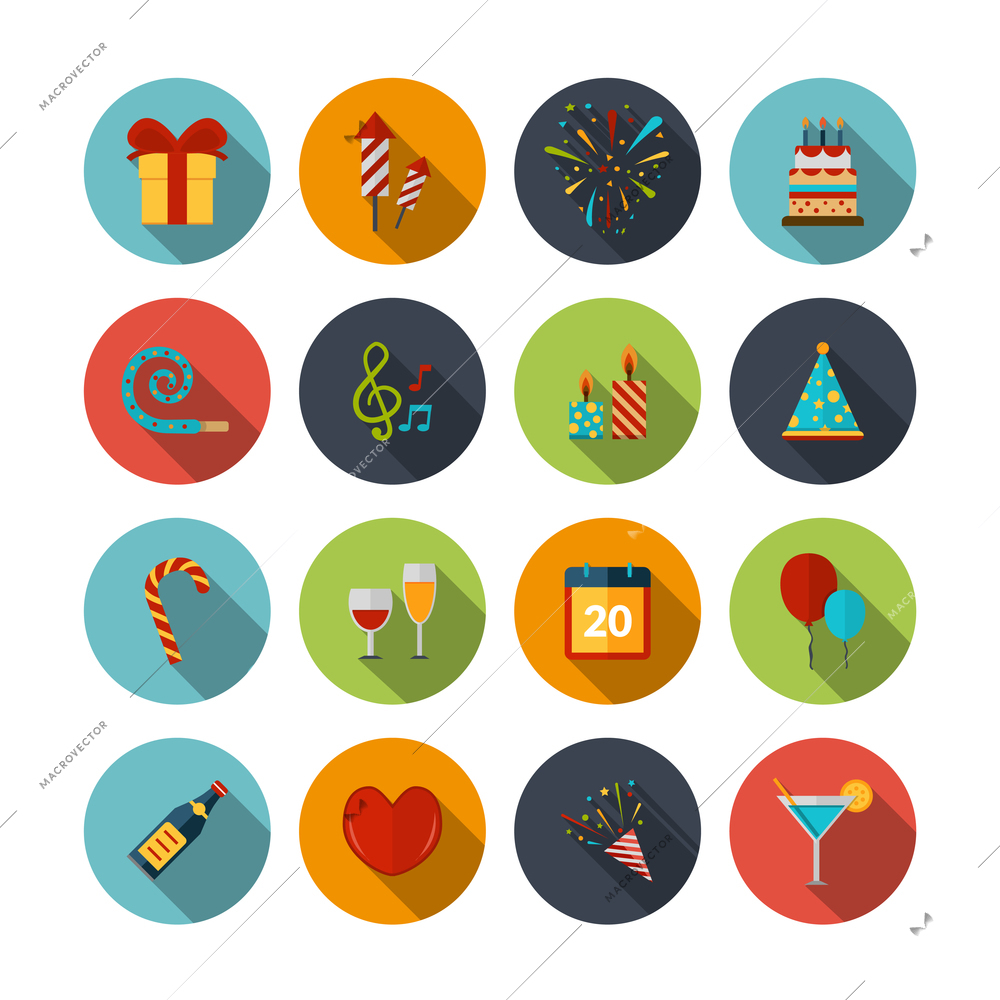 Celebration icons set with cocktail confetti fireworks cake balloons isolated vector illustration