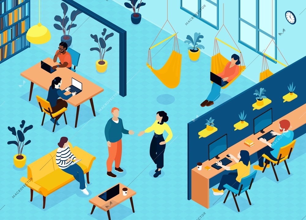 Isometric freelancer composition with indoor scenery of coworking space with hammocks desks and people on computers vector illustration