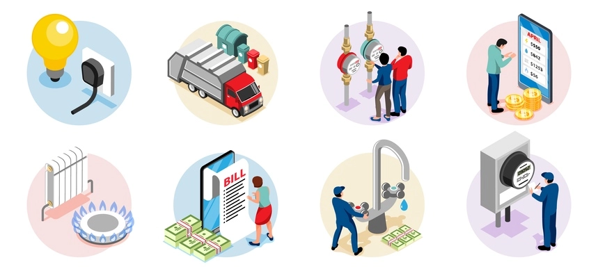 Public utilities isometric round compositions with persons rewrite  meter readings and paying bills via mobile app isolated vector illustration