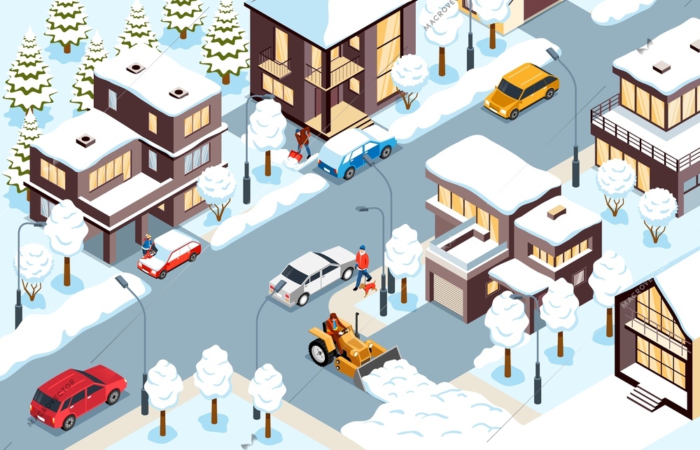 Winter city isometric fragment with houses cars and snow removal equipment on snow covered streets vector illustration