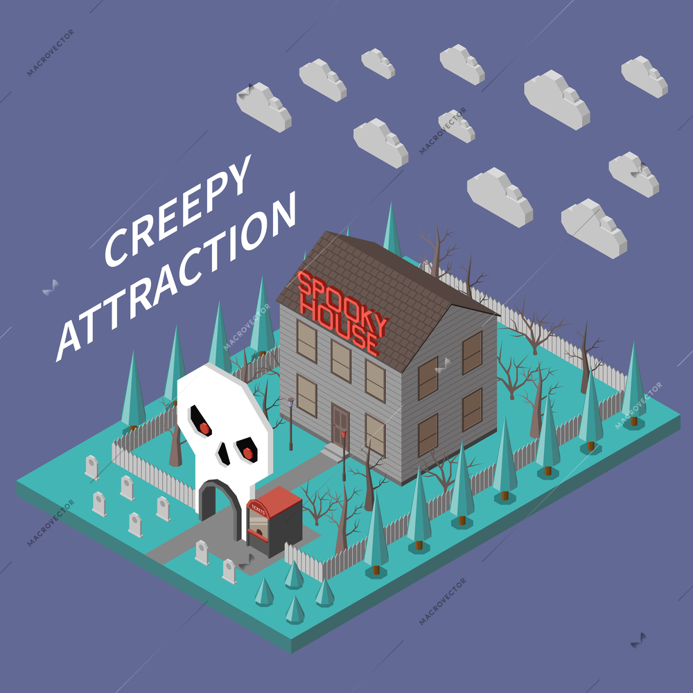 Amusement park isometric composition with isolated view of creepy attraction house spooky entrance and editable text vector illustration