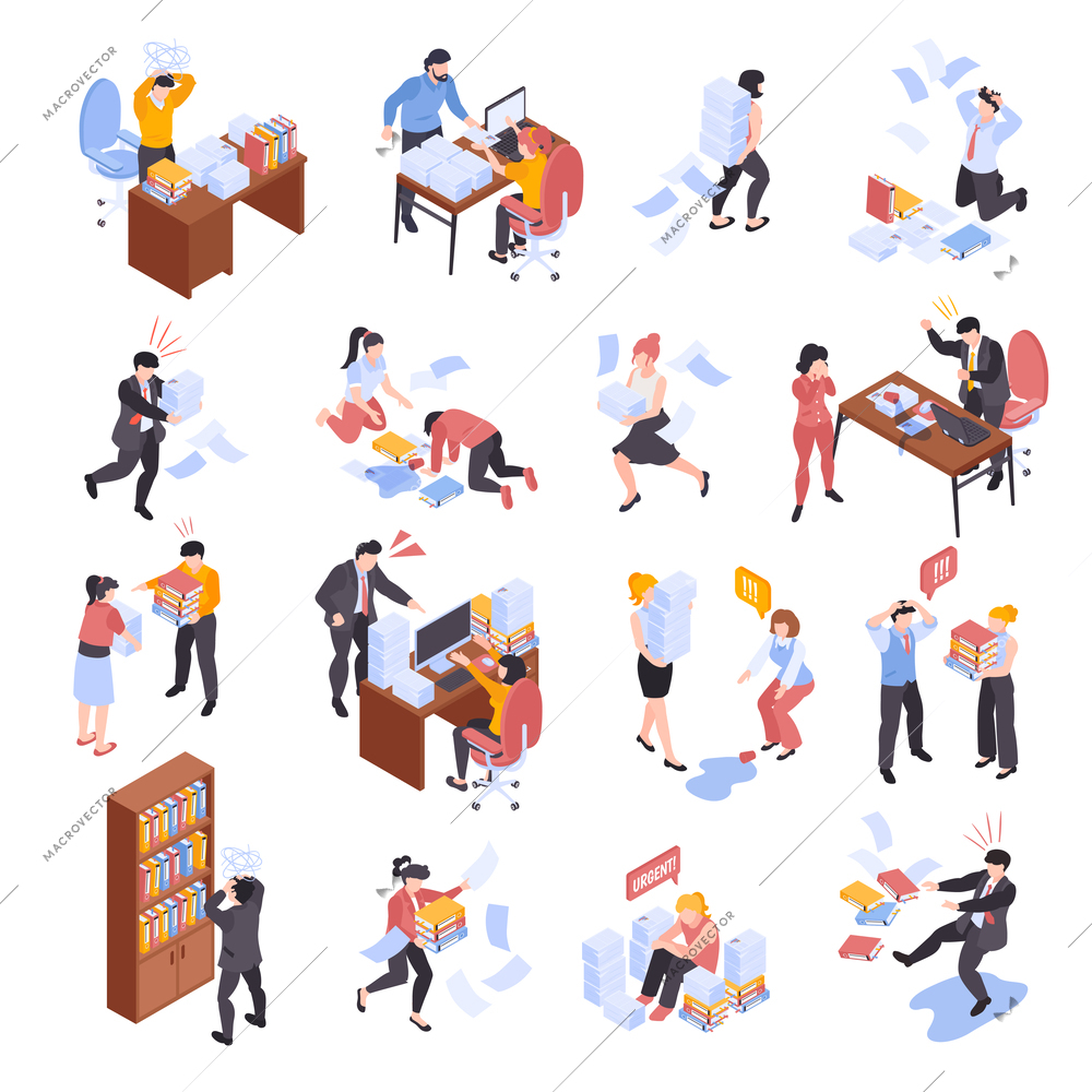 Isometric office chaos unorganized set with isolated icons of workplace problems with characters of angry coworkers vector illustration