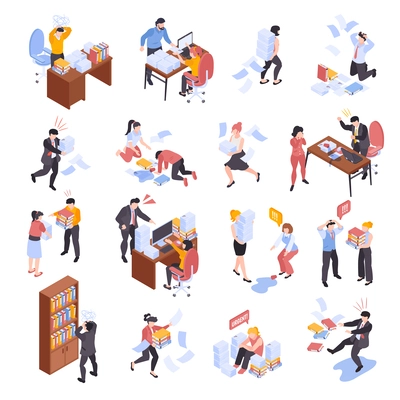 Isometric office chaos unorganized set with isolated icons of workplace problems with characters of angry coworkers vector illustration