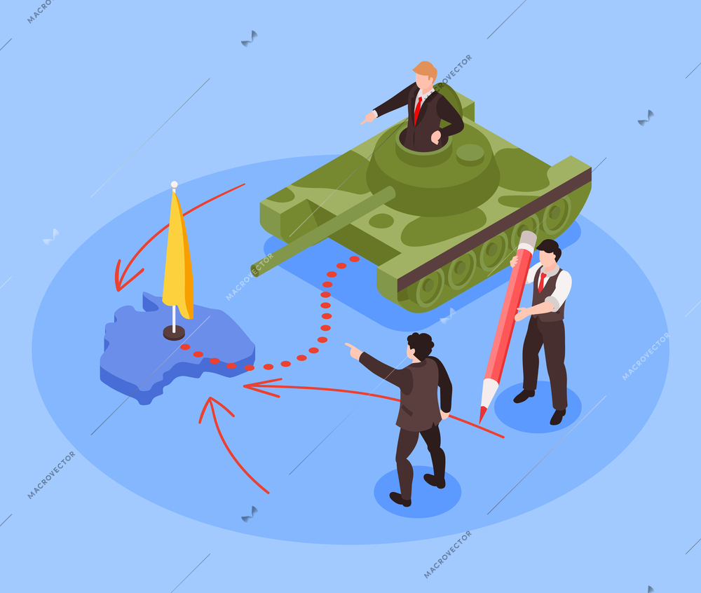 Isometric geopolitics composition with characters of officials drawing red lines arrows running tank to conquer territory vector illustration