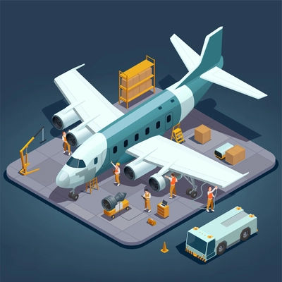 Aircraft airplanes maintenance service repair isometric composition with isolated view of hangar with plane and workers vector illustration