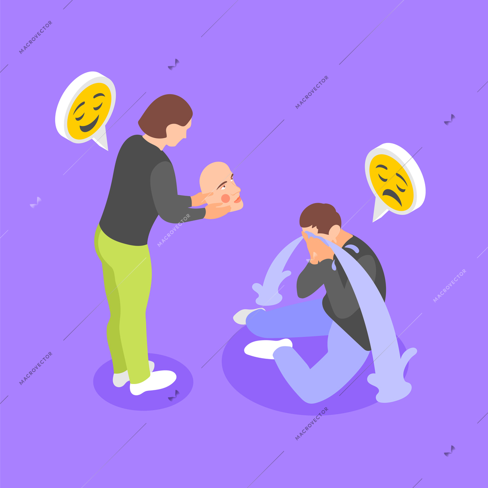 Woman giving social mask to crying man to disguise his feelings and wear it in society isometric concept on color background vector illustration