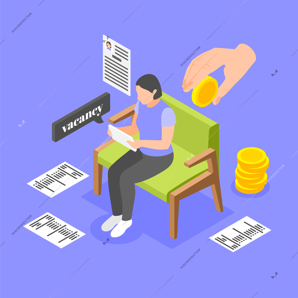 Social insurance isometric concept on color background with jobless woman getting unemployment benefits vector illustration