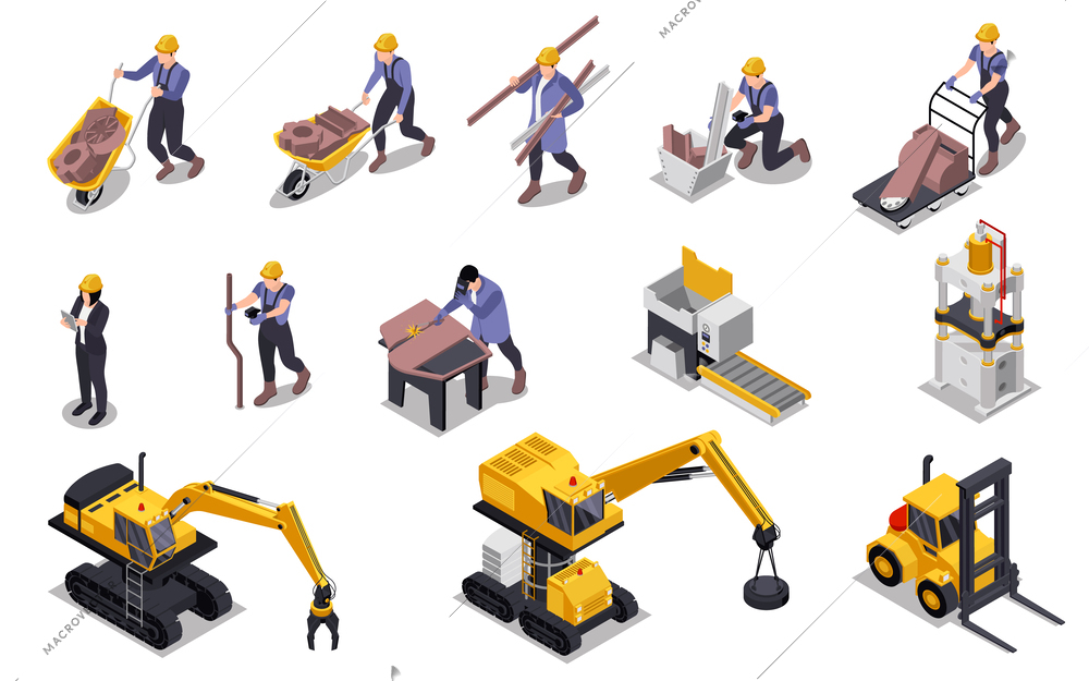 Scrap metal set with work and equipment symbols isometric isolated vector illustration