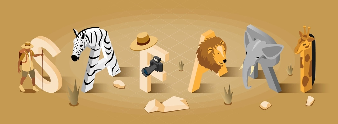 Safari tourist concept with zebra  elephant and lion symbols isometric vector illustration